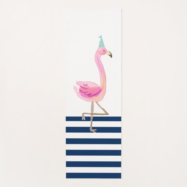 Tapis De Yoga Flamingo Rose Bleu Marine Rayures Blanches (Devant)