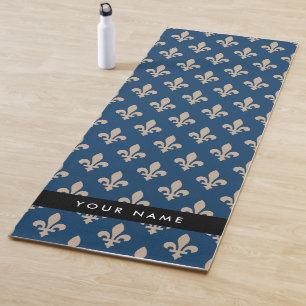Tapis De Yoga Fleur de Lis, Beige sur Bleu Nuit, Royal, Votre No