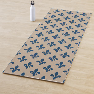 Tapis De Yoga Fleur de Lis Motif, Royal French Blue sur Crème