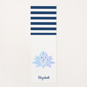 Tapis De Yoga Fleur de Lotus Rayures Bleu Marine et Blanc