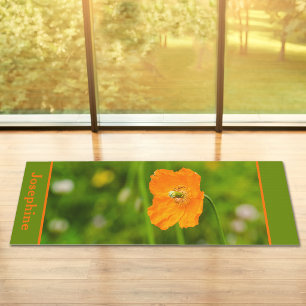 Tapis De Yoga Fleur de pavot orange sur fond vert avec nom perso