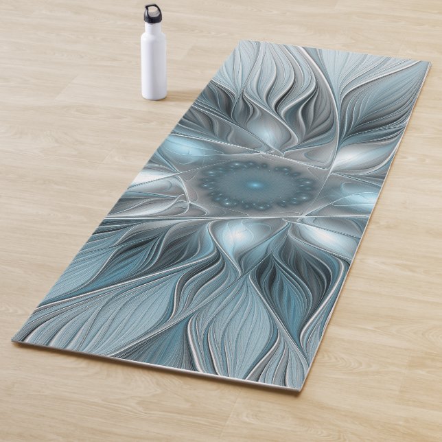 Tapis De Yoga Fleur joyeuse abstraite fleur bleue grise fractale (En situation)