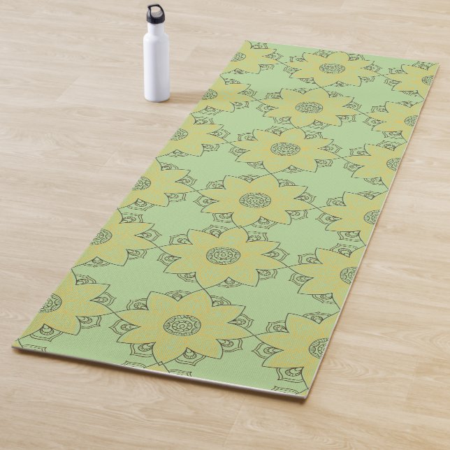 Tapis De Yoga Fleur Mandala Vert & Jaune (En situation)