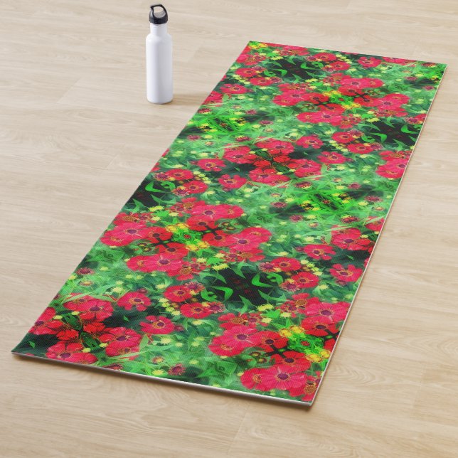 Tapis De Yoga Fleur rouge Zinnia de fond Motif Abstrait (En situation)