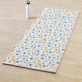 Tapis De Yoga Fleur sauvage aquarelle bleu jaune