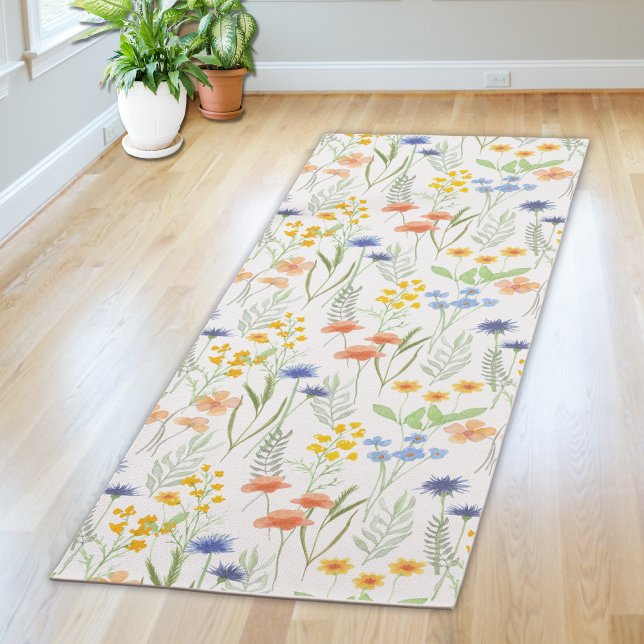 Tapis De Yoga Fleur sauvage aquarelle orange vert  (Créateur téléchargé)
