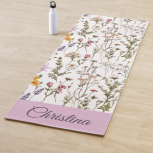 Tapis De Yoga Fleur sauvage aquarelle rose violet Nom personnali