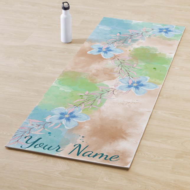 Tapis De Yoga Fleurs Aquarelles Bleues (En situation)