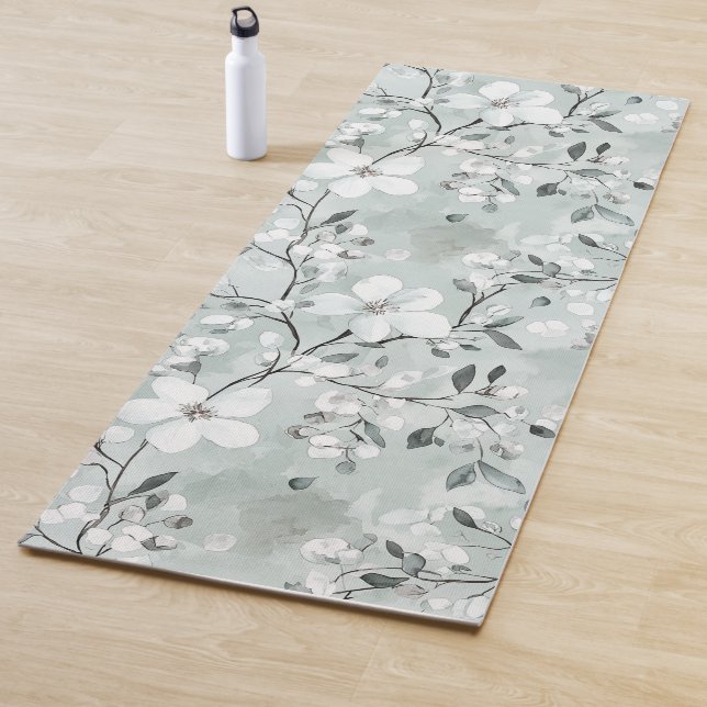 Tapis De Yoga Fleurs Blanches Bleues  (En situation)