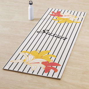 Tapis De Yoga Fleurs blanches jaunes orange sur noir et blanc