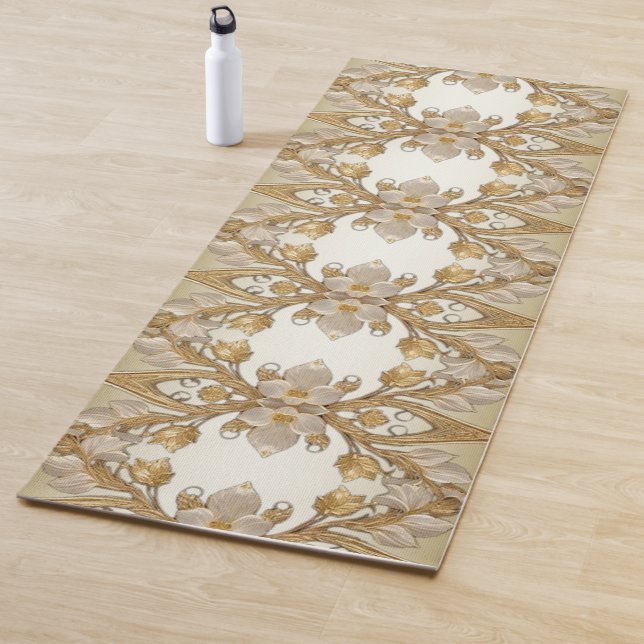 Tapis De Yoga Fleurs blanches Mat de Yoga d'or décoratif (En situation)