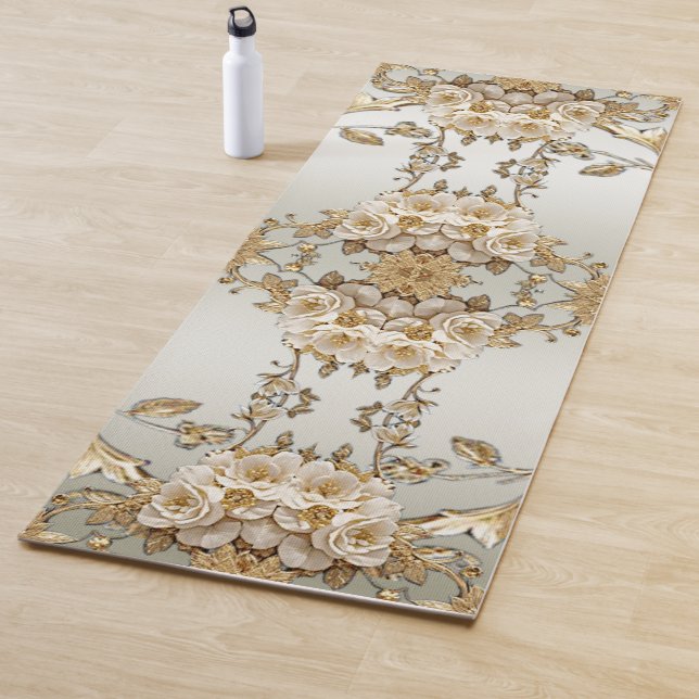 Tapis De Yoga Fleurs blanches ornées dorées Yoga Mat (En situation)