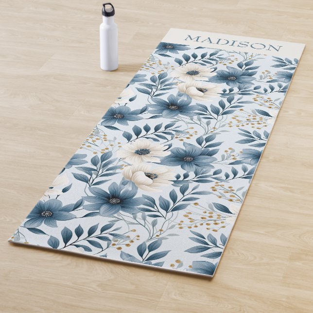 Tapis De Yoga Fleurs bleues et beiges (En situation)