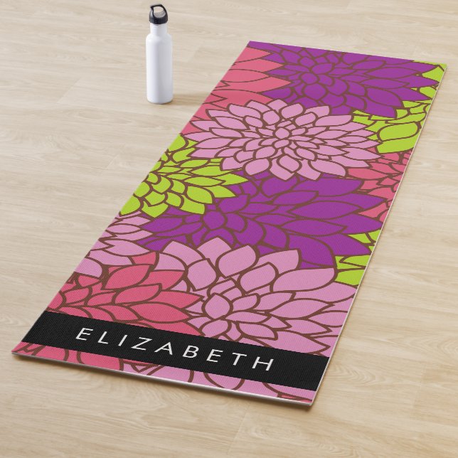 Tapis De Yoga Fleurs Dahlia, Fleurs Colorées, Votre Nom (En situation)