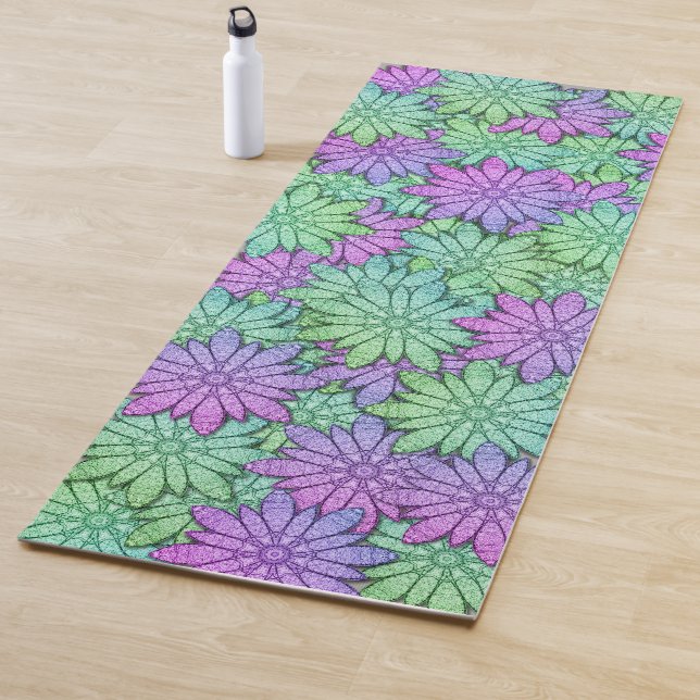 Tapis De Yoga Fleurs de pierre verte et violette (En situation)