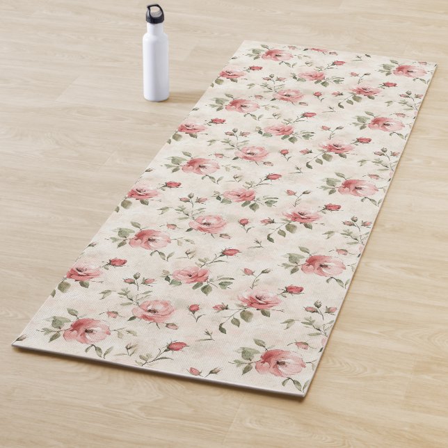 Tapis De Yoga Fleurs de roses roses  (En situation)