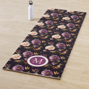 Tapis De Yoga Fleurs De Roses Roses Mauves Foncé Aquarelle Flora