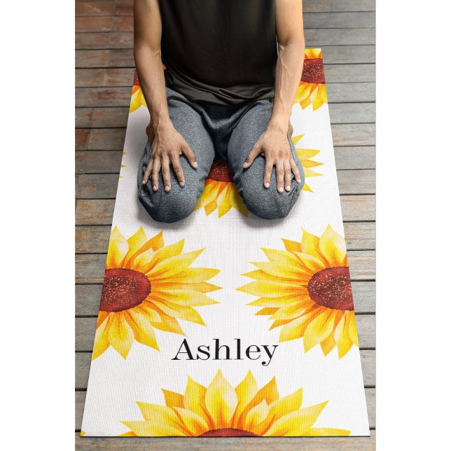 Tapis De Yoga Fleurs de soleil jaunes motifs floraux blanc (Créateur téléchargé)