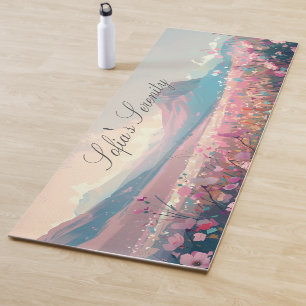 Tapis De Yoga Fleurs Et Montagnes Roses Artistiques À La Main