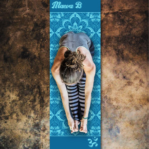 Tapis De Yoga Fleurs géométriques bleues motif symbole Om 