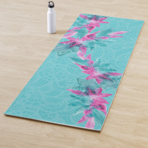 Tapis De Yoga Fleurs hawaïennes Abstraites turquoise rose