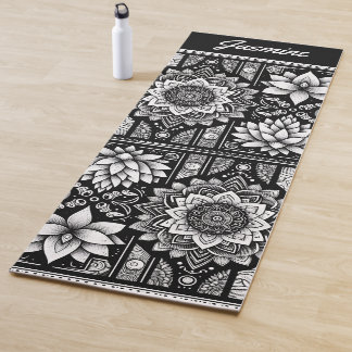 Tapis De Yoga Fleurs Lotus et Mandalas en noir et blanc