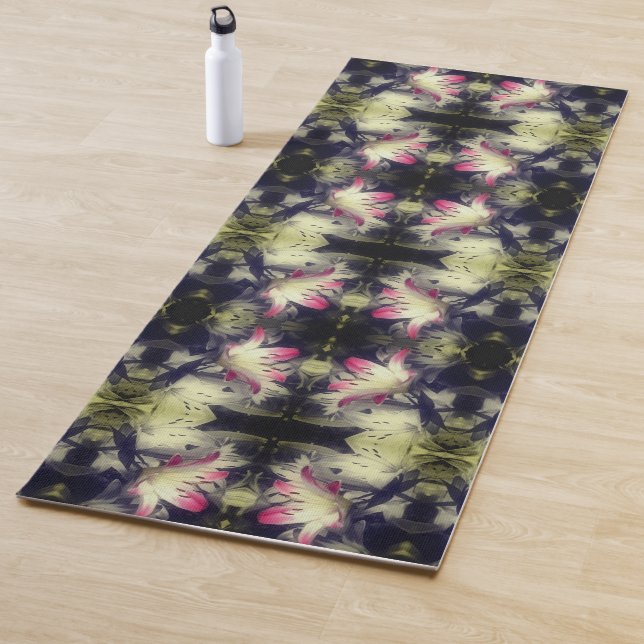 Tapis De Yoga Fleurs Lys Noir Et Blanc Partiel Abstrait (En situation)