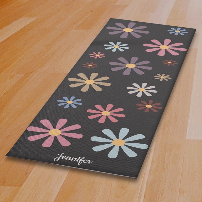 Tapis De Yoga Fleurs Pastel Noir (Pastel Flowers Black Yoga Mat)