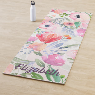 Tapis De Yoga Fleurs pastel rose aquarelle avec nom