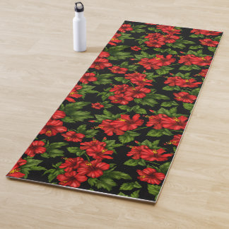Tapis De Yoga Fleurs rouges sur l'arrière - plan noir