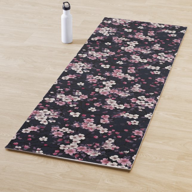 Tapis De Yoga Fleurs Sakura Roses Noires, Design Motif, (En situation)