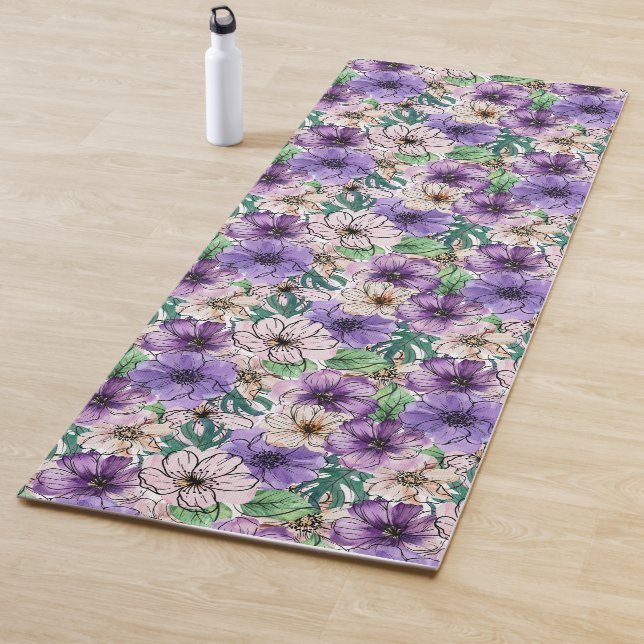Tapis De Yoga Fleurs violettes et roses (En situation)