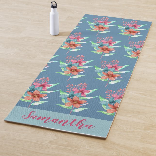Tapis De Yoga Floral bleu orange rose personnalisé (En situation)