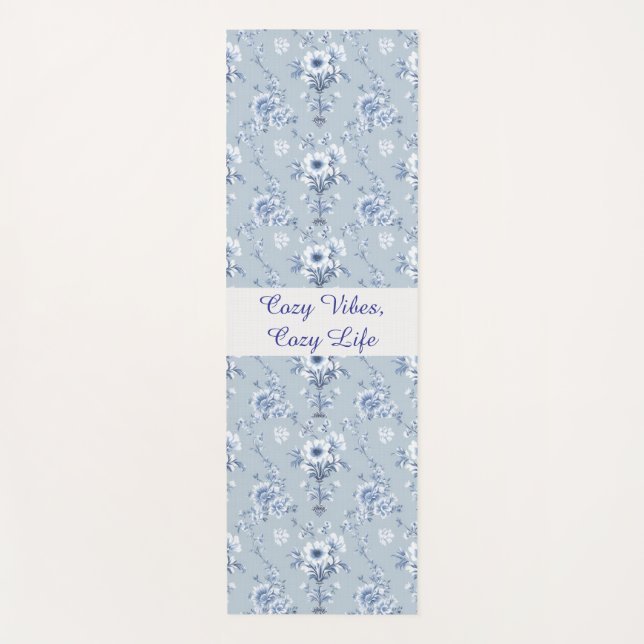 Tapis De Yoga Floral Chinoiserie Bleu Toile avec texte personnal (Devant)