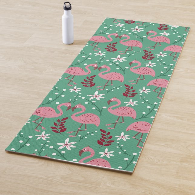 Tapis De Yoga Floral flamingo sans couture motif rose vert (En situation)