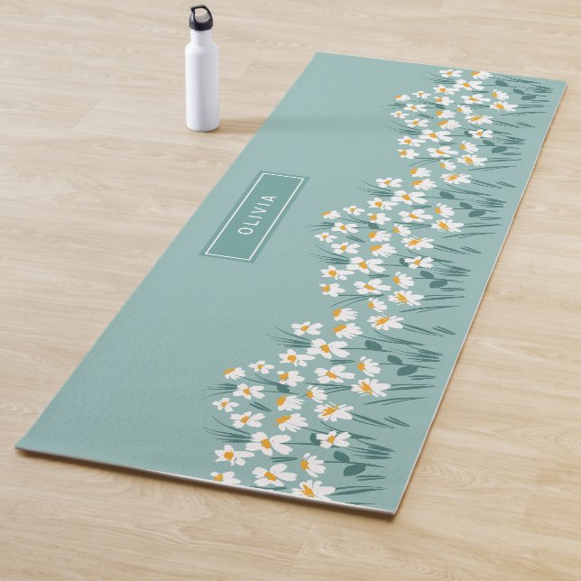 Tapis De Yoga Floral moderne marguerite bleu girly élégant éléga (En situation)