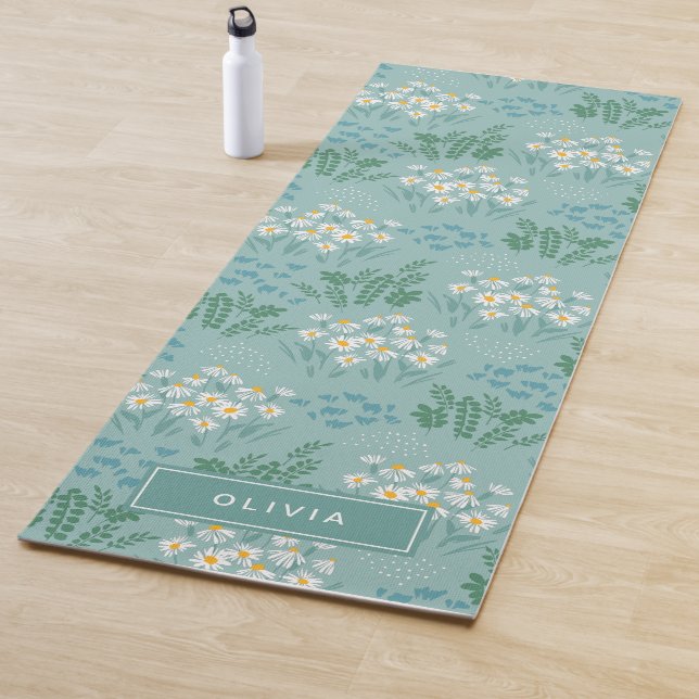 Tapis De Yoga Floral moderne marguerite bleu girly élégant éléga (En situation)