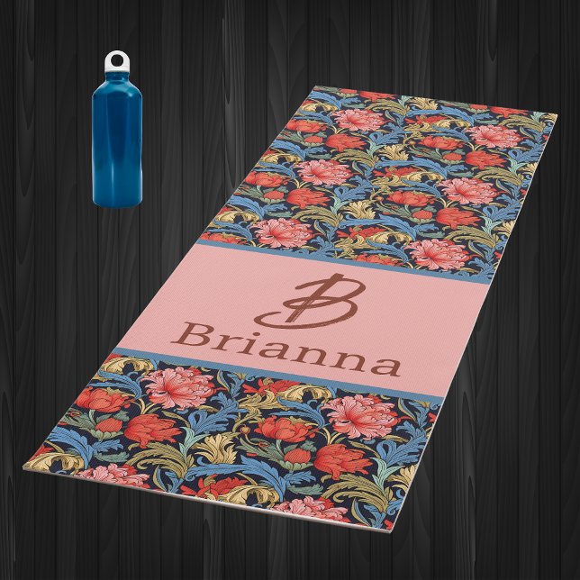 Tapis De Yoga Floral Monogram Pink Blue William Morris Style (Créateur téléchargé)