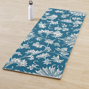 Tapis De Yoga Flore de Imaginaire Vintage blanc et bleu profond