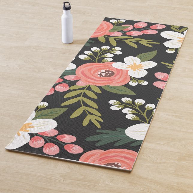 Tapis De Yoga Flore folksy luxuriante noire (En situation)