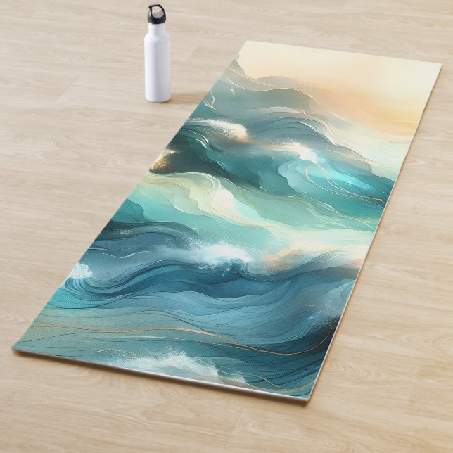 Tapis De Yoga Flux d'océan doré Vagues abstraites (En situation)