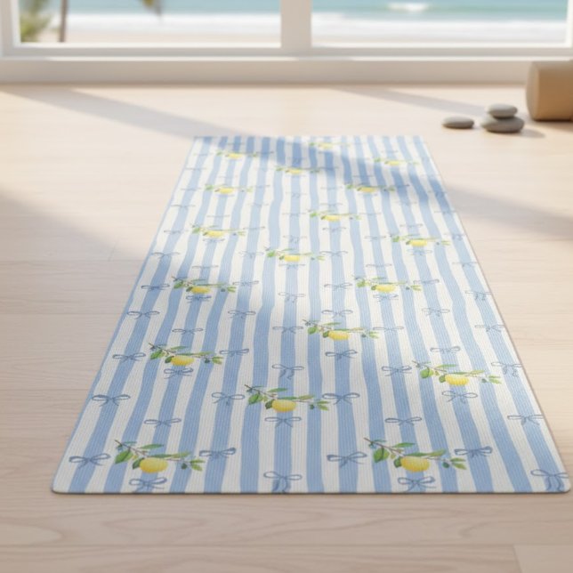 Tapis De Yoga French Country Lemon – Blue Stripe Bow Pattern (Créateur téléchargé)