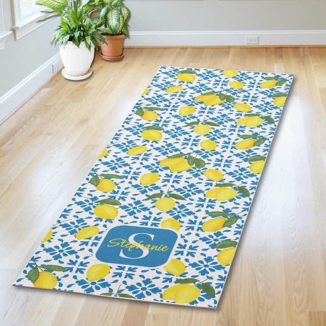 Tapis De Yoga French Country Tile Lemons Pattern Name Monogram (Créateur téléchargé)
