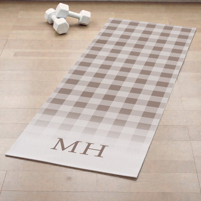 Tapis De Yoga Gingham Minimal Monogramme Marron Dégradé Moderne (Modern Gradient Brown Gingham Minimal Monogram Yoga Mat)