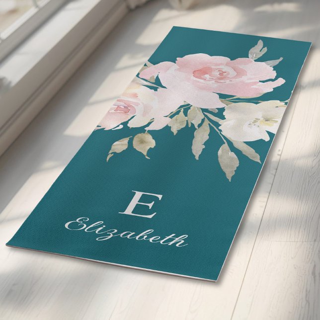 Tapis De Yoga Girly Feminine Floral Name and Monogram (Créateur téléchargé)