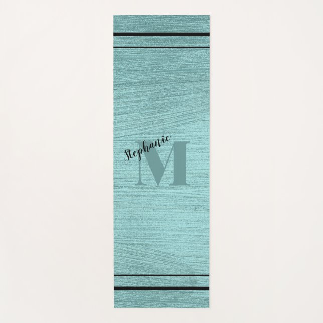 Tapis De Yoga Glam Turquoise métallique, Noir et Monogramme élég (Devant)