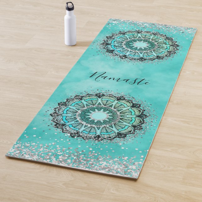 Tapis De Yoga Glitterie personnalisée Lotus Mandala sur Turquois (En situation)