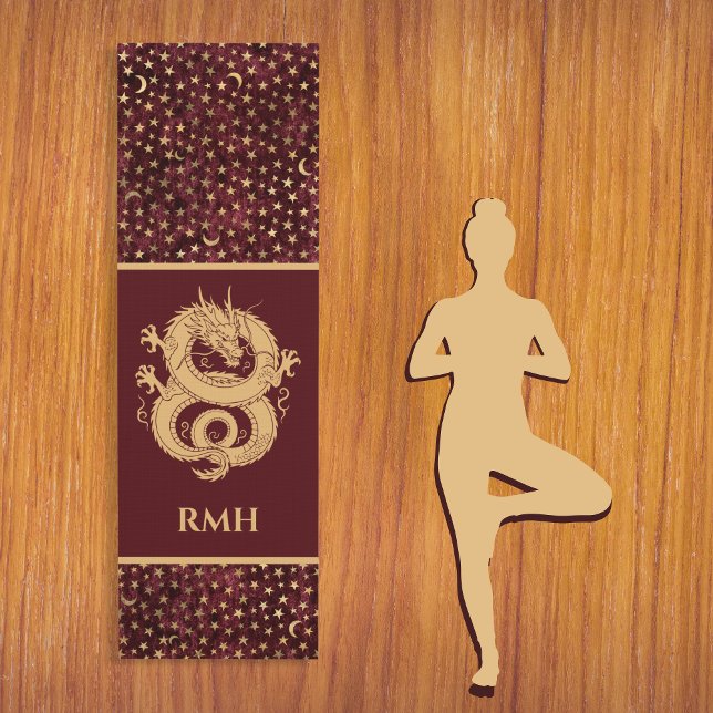 Tapis De Yoga Gold Dragon on Burgundy with Stars Moon Monogram  (Créateur téléchargé)