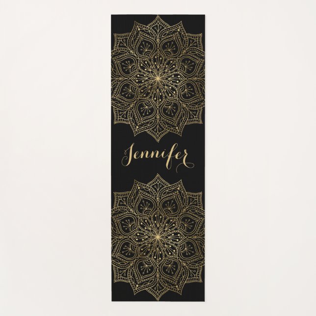 Tapis De Yoga Gold Mandala Flower Nom personnalisé Black Yoga Ma (Devant)