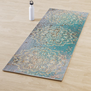 Tapis De Yoga Gold Shimmery Triple Mandala sur Turquoise
